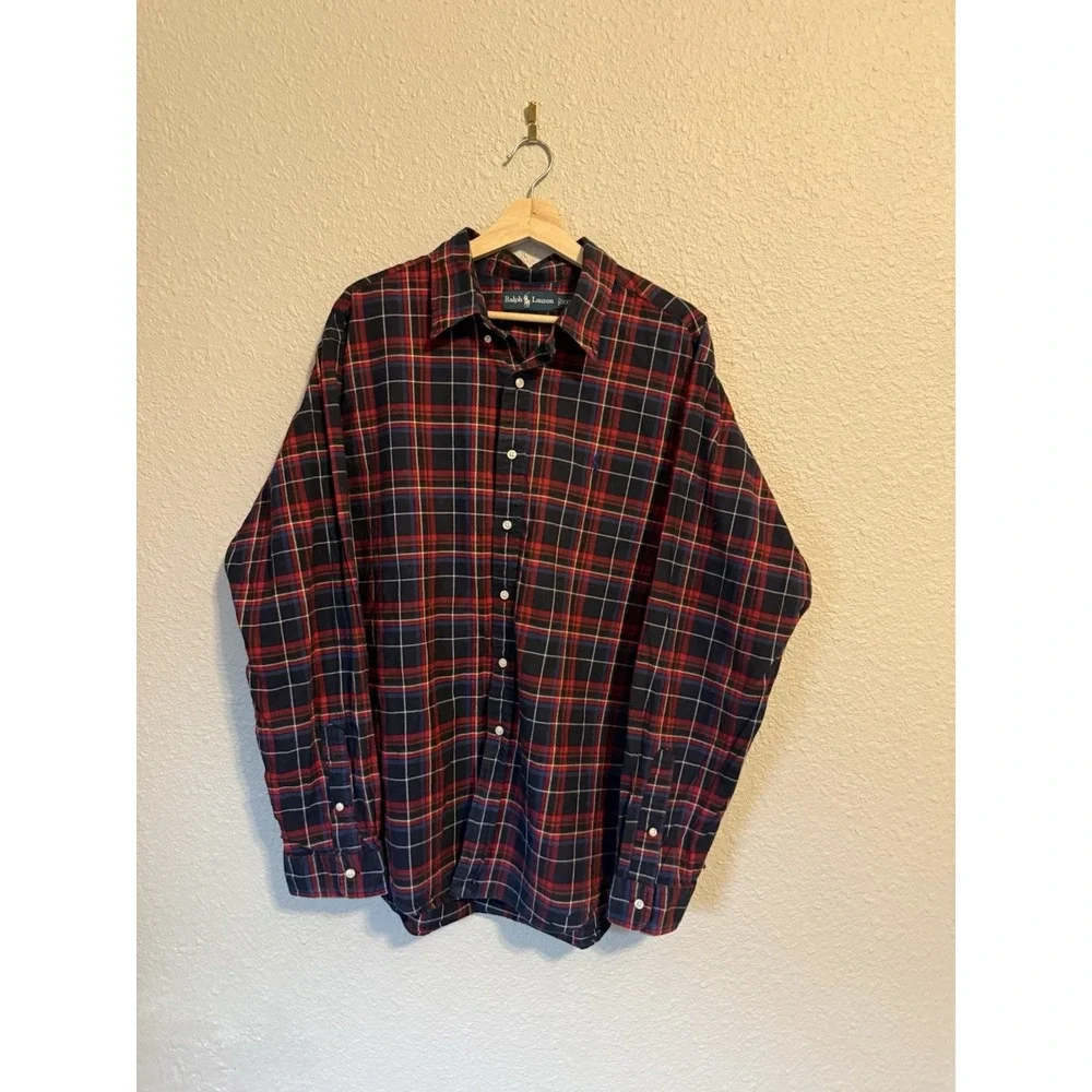 VINTAGE Ralph Lauren Plaid Shirt Mens XXL Custom Fit 90s Red Tartan Cotton Pony